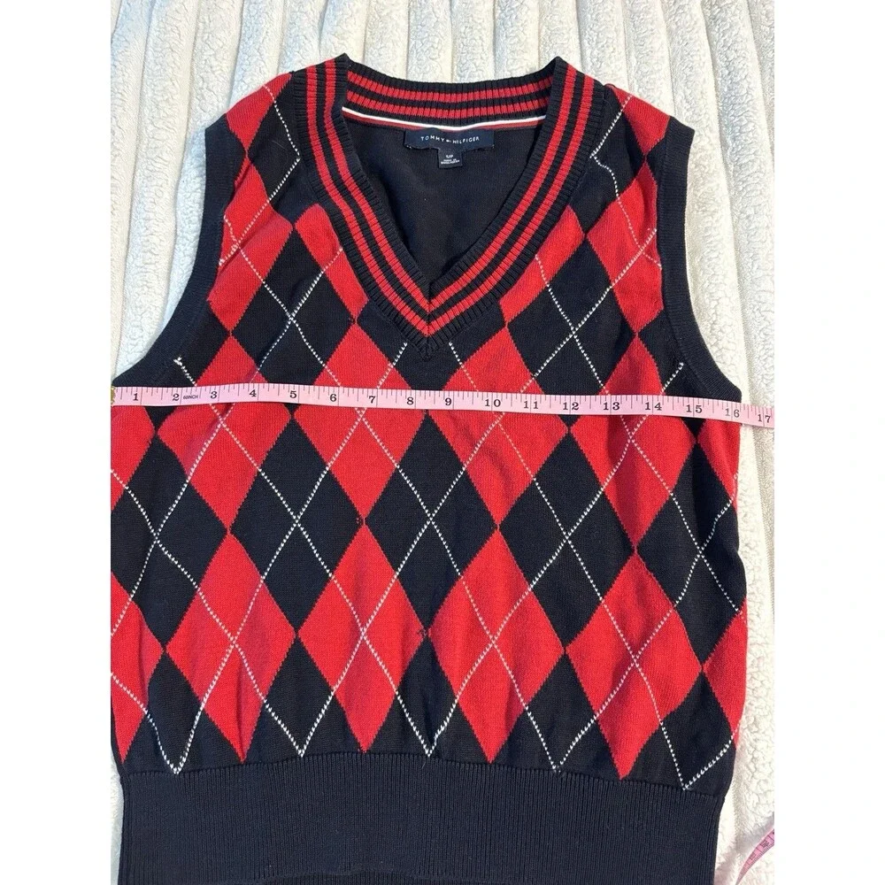 Tommy Hilfiger Argyle Sweater Vest Small Navy Blue Red Preppy Knit Academia